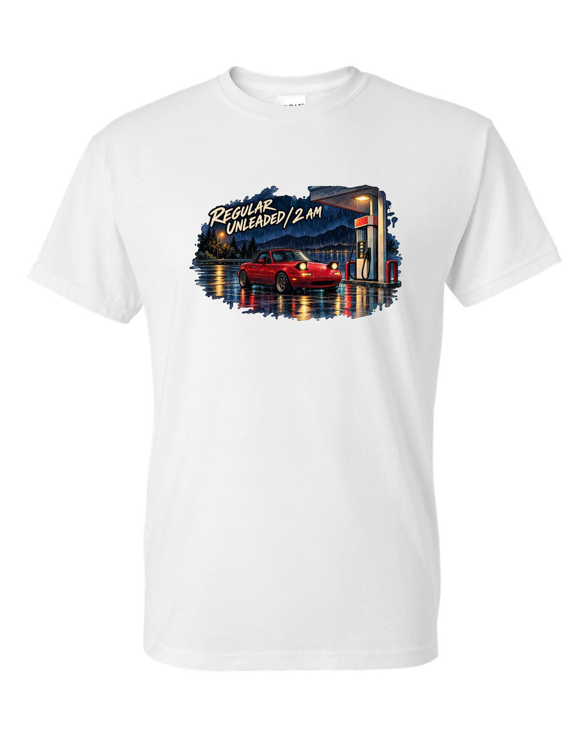 Watercolour wet-road night scene of a Mazda MX-5 NA at a fuel stop white t-shirt front view with the design