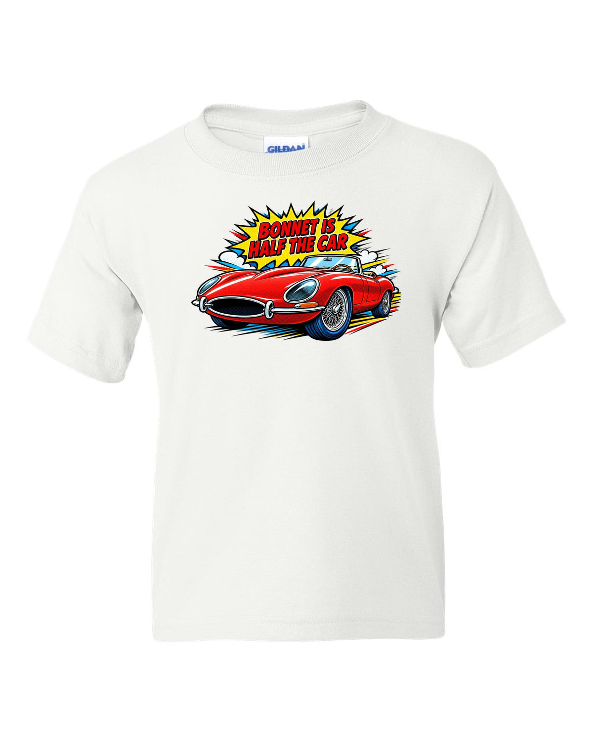 Comic halftone pop art print of a 1961 Jaguar E-Type Series 1 with bonnet is half the car lettering white kids tee front view with the design