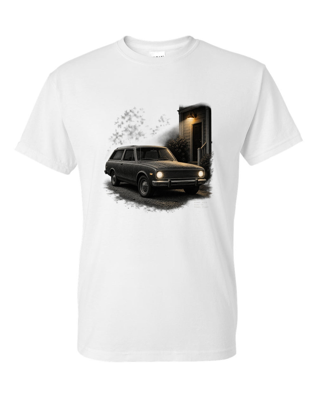 Night print of a 1966-77 early Ford Bronco U15 with Dana 30 front axle text white t-shirt front view with the design