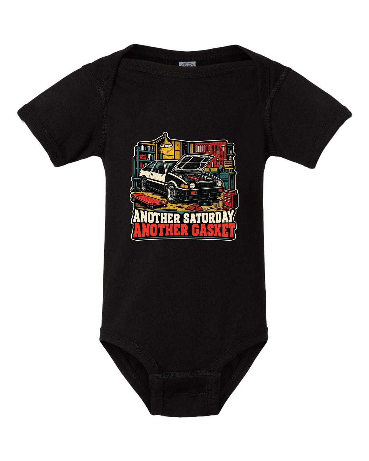 Linocut woodcut-style Toyota Corolla Levin AE86 with garage Saturday slogan black baby onesie front view with the design