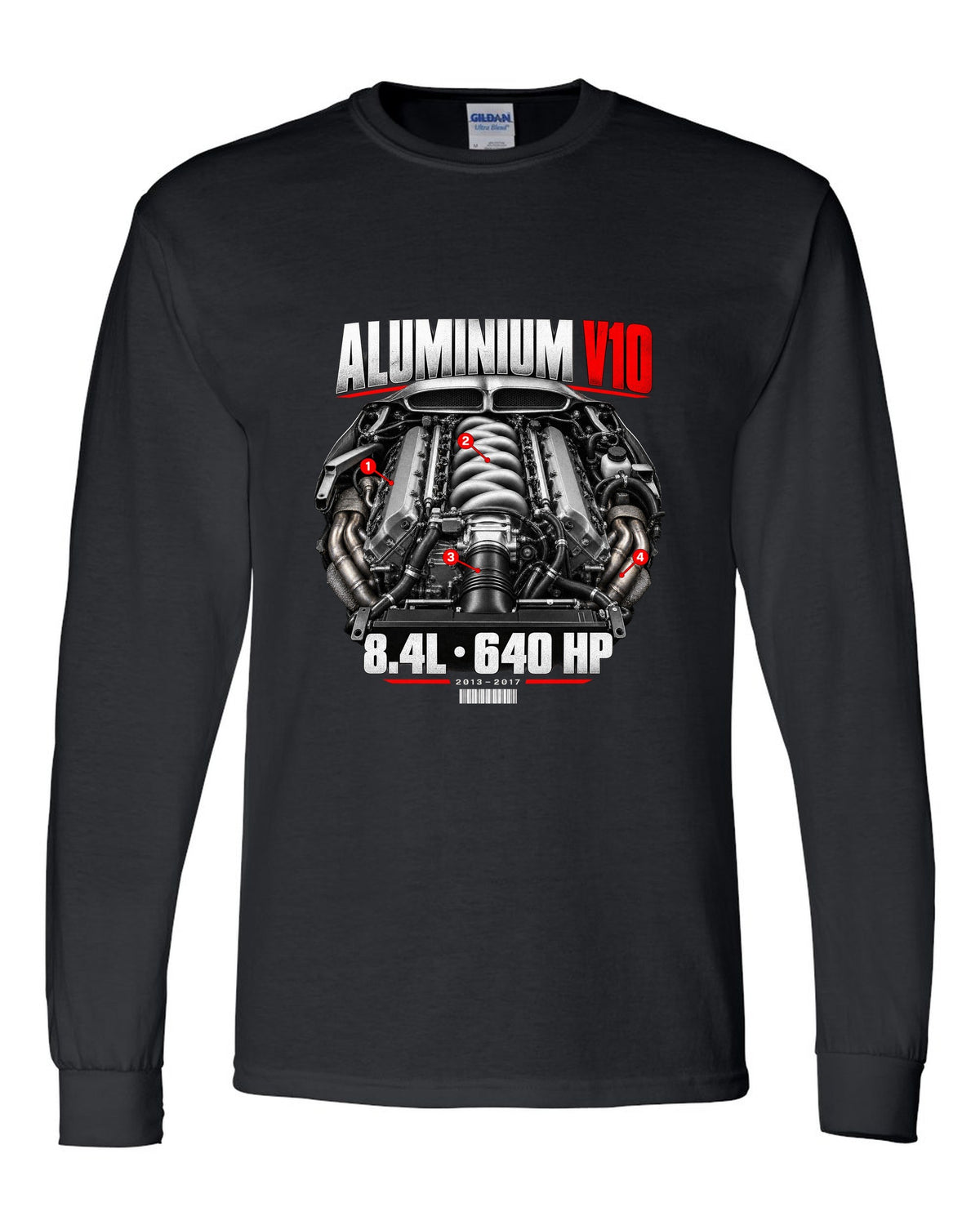 Dodge Viper VX aluminium V10 engine hero print with 8.4L and 640 HP lettering black long sleeve front view with the design