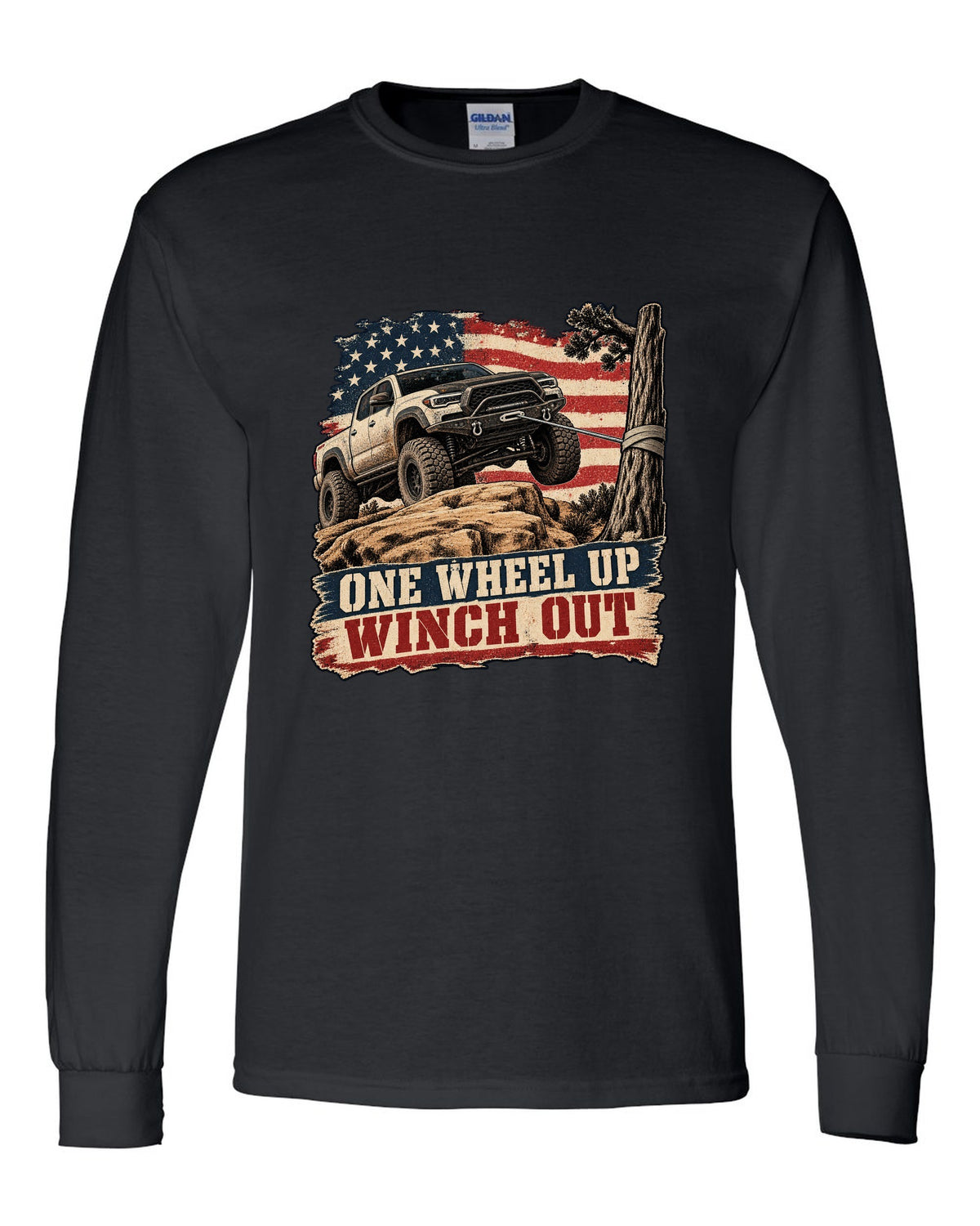 Distressed screen-print print of a Ram 2500 Power Wagon with one wheel lifted on a ledge black long sleeve front view with the design