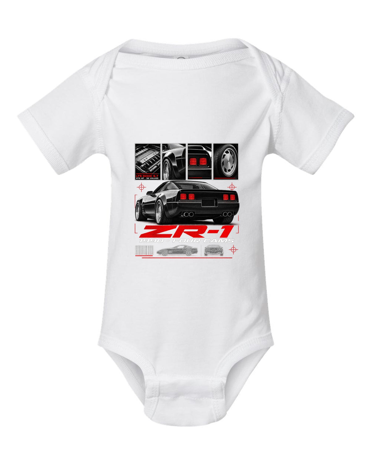 Chevrolet Corvette C4 ZR-1 1990 LT5 dossier print wide rear white baby onesie front view with the design