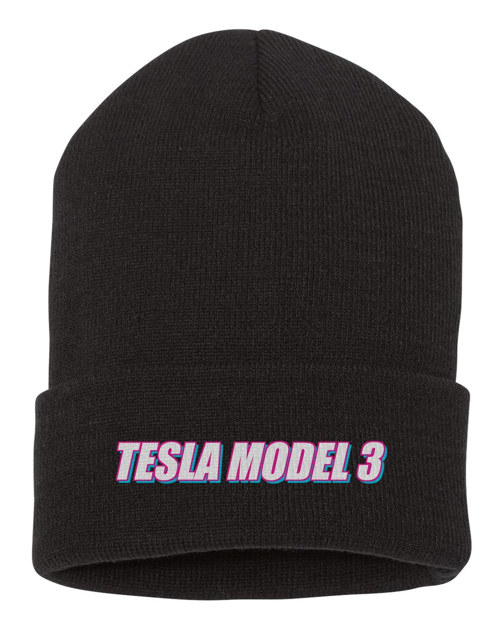 Tesla Model 3 black beanie front view with car name