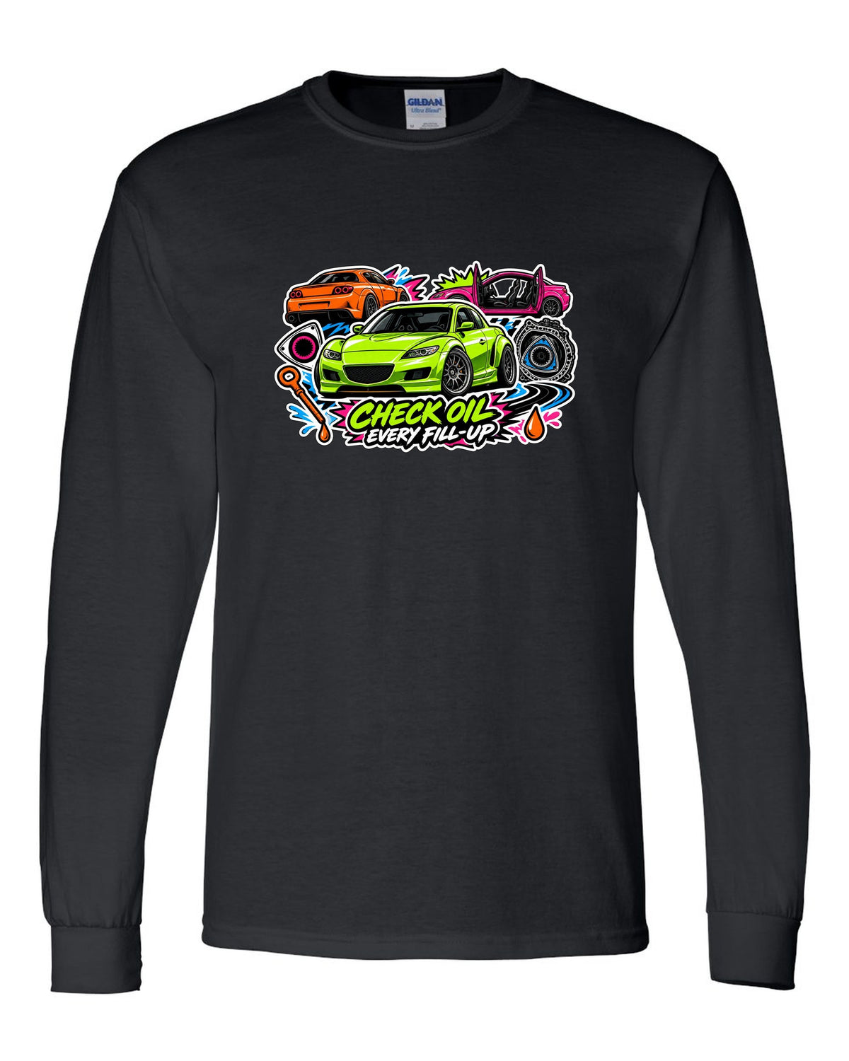 Retro synthwave sunset grid design for the Mazda RX-8 Renesis with 15 MPG ON A GOOD DAY lettering black long sleeve front view with the design