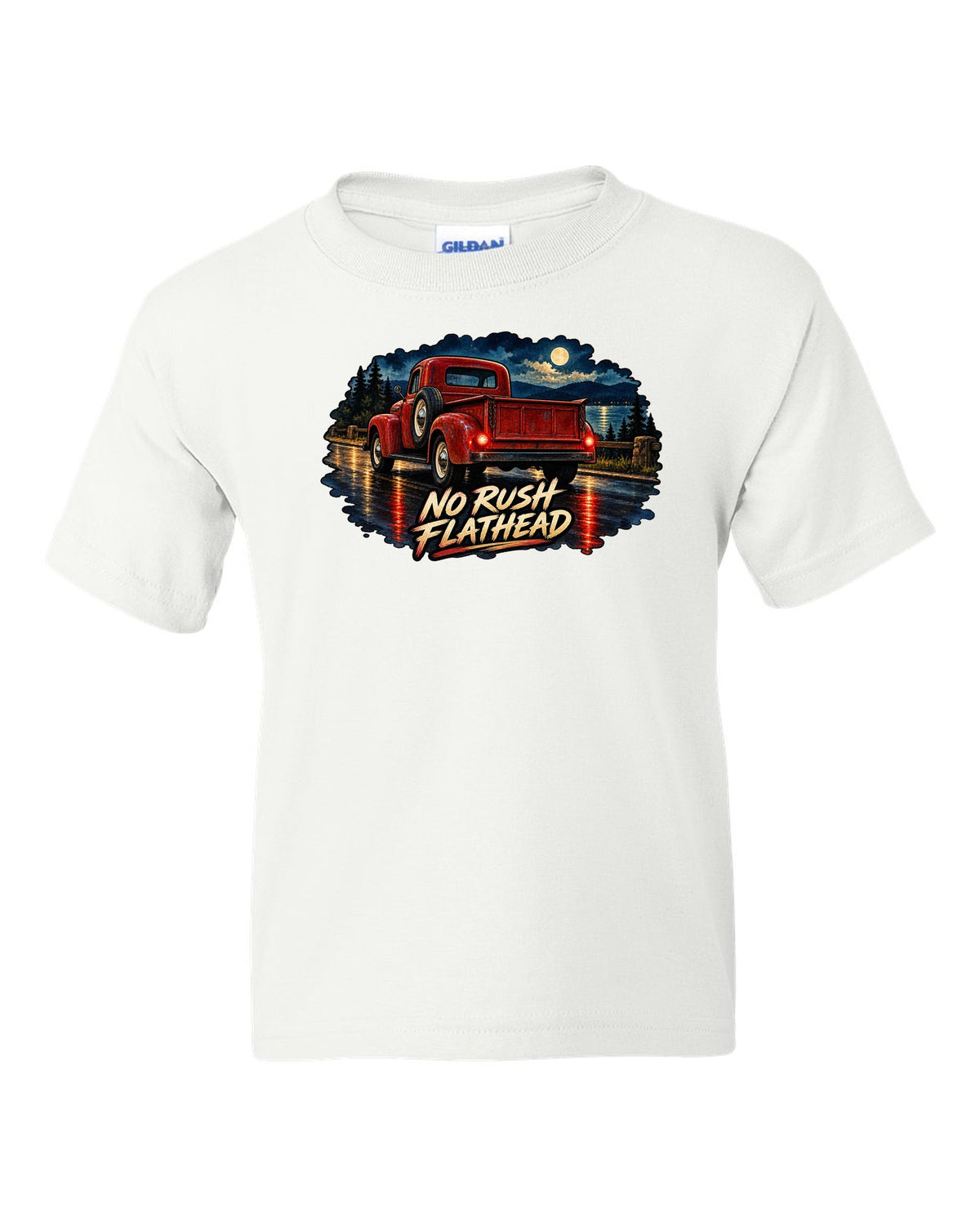 Watercolour wet-road night print of a red Dodge Power Wagon WM300 flat fender white kids tee front view with the design
