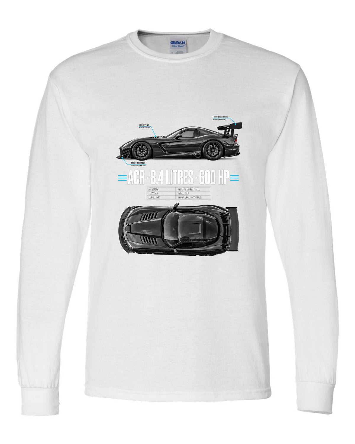 2008 Dodge Viper ACR ZB II top-down and profile spec poster print white long sleeve front view with the design