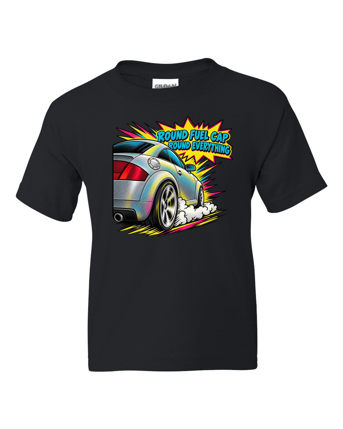 Comic halftone pop-art print of an Audi TT 8N with Round Fuel Cap text black kids tee front view with the design