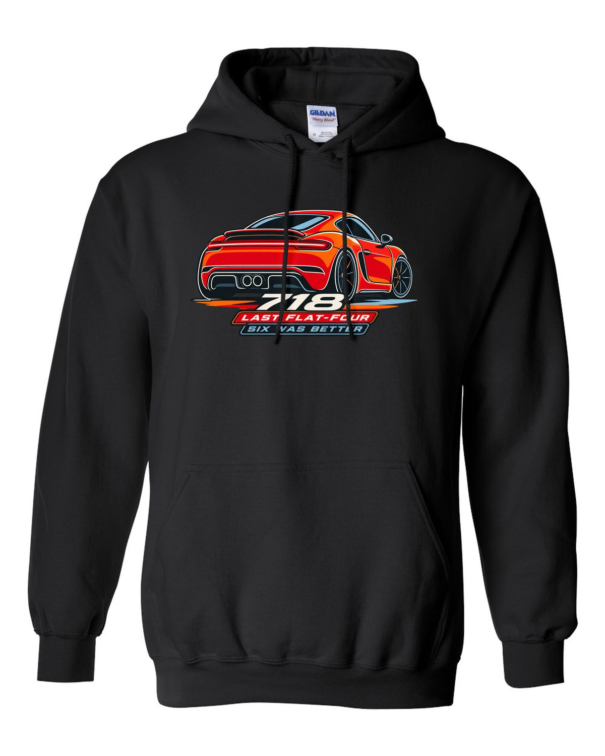 Minimalist continuous line art print of a Porsche 718 Cayman 982 taillight with the text 718, last flat-four, six was better black pull over hoodie front view with the design