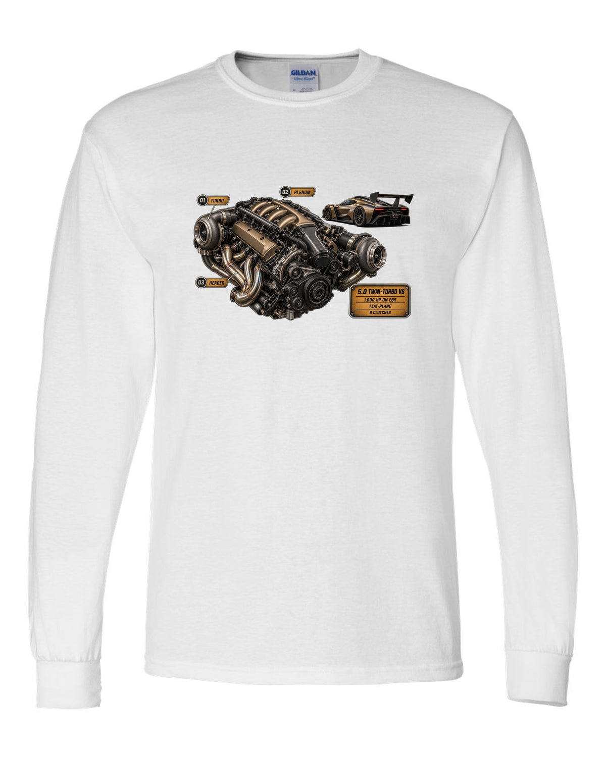 print engine hero of a Koenigsegg Jesko in bronze-grey carbon weave white long sleeve front view with the design