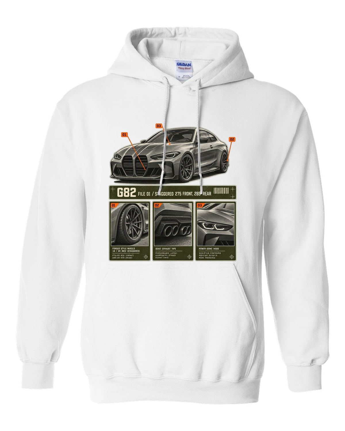 BMW M4 Competition G82 dossier panels print noting staggered 275 front and 285 rear white pull over hoodie front view with the design