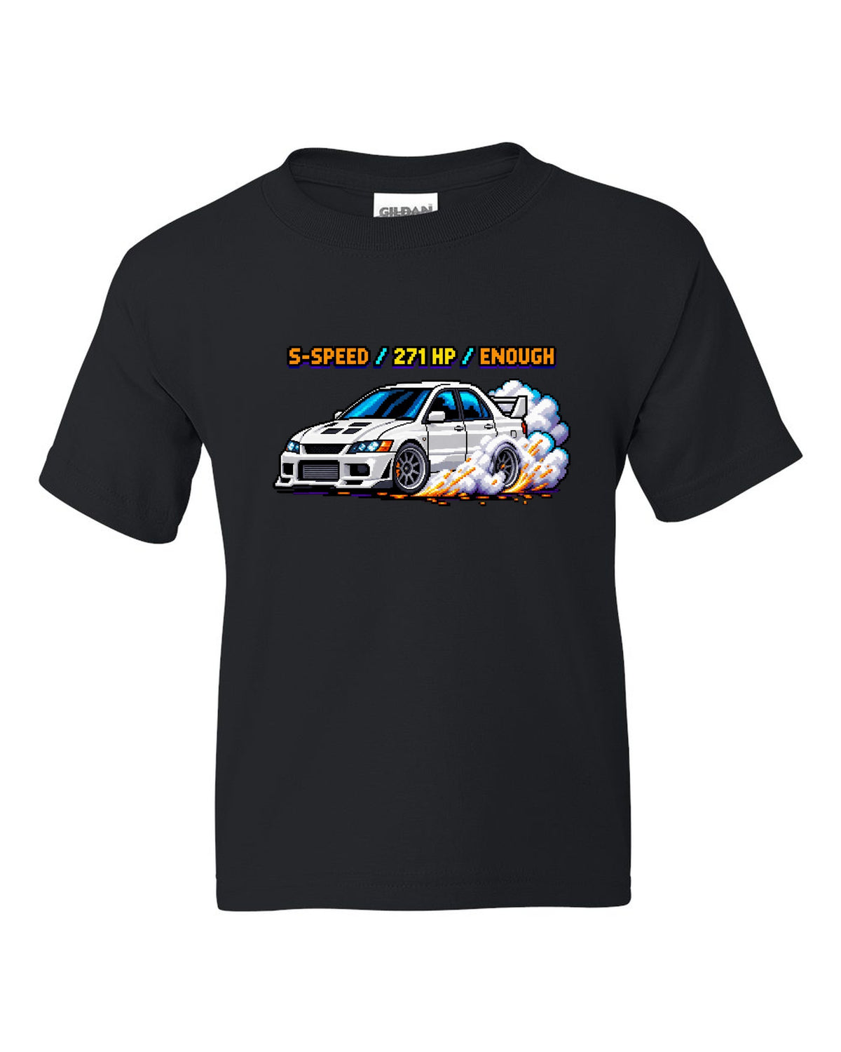 8-bit pixel art Mitsubishi Lancer Evolution VIII CT9A with launch control stats black kids tee front view with the design