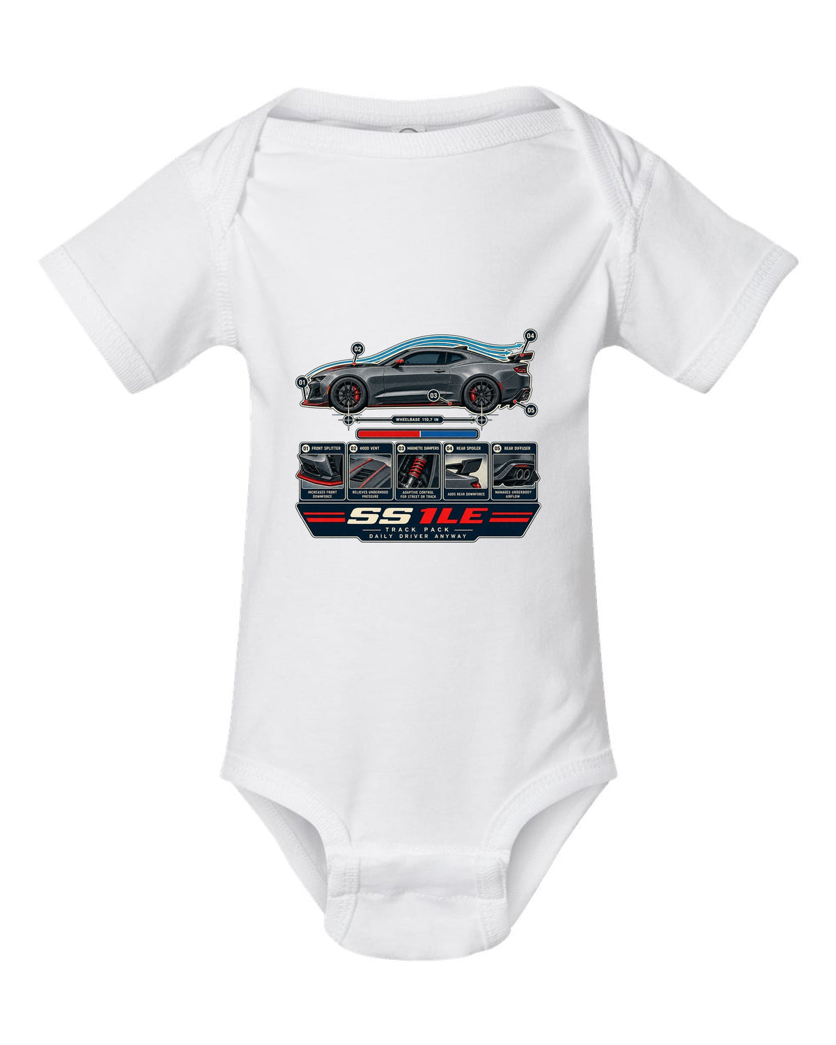 Airflow cutaway print of a 6th generation Chevrolet Camaro SS 1LE white baby onesie front view with the design