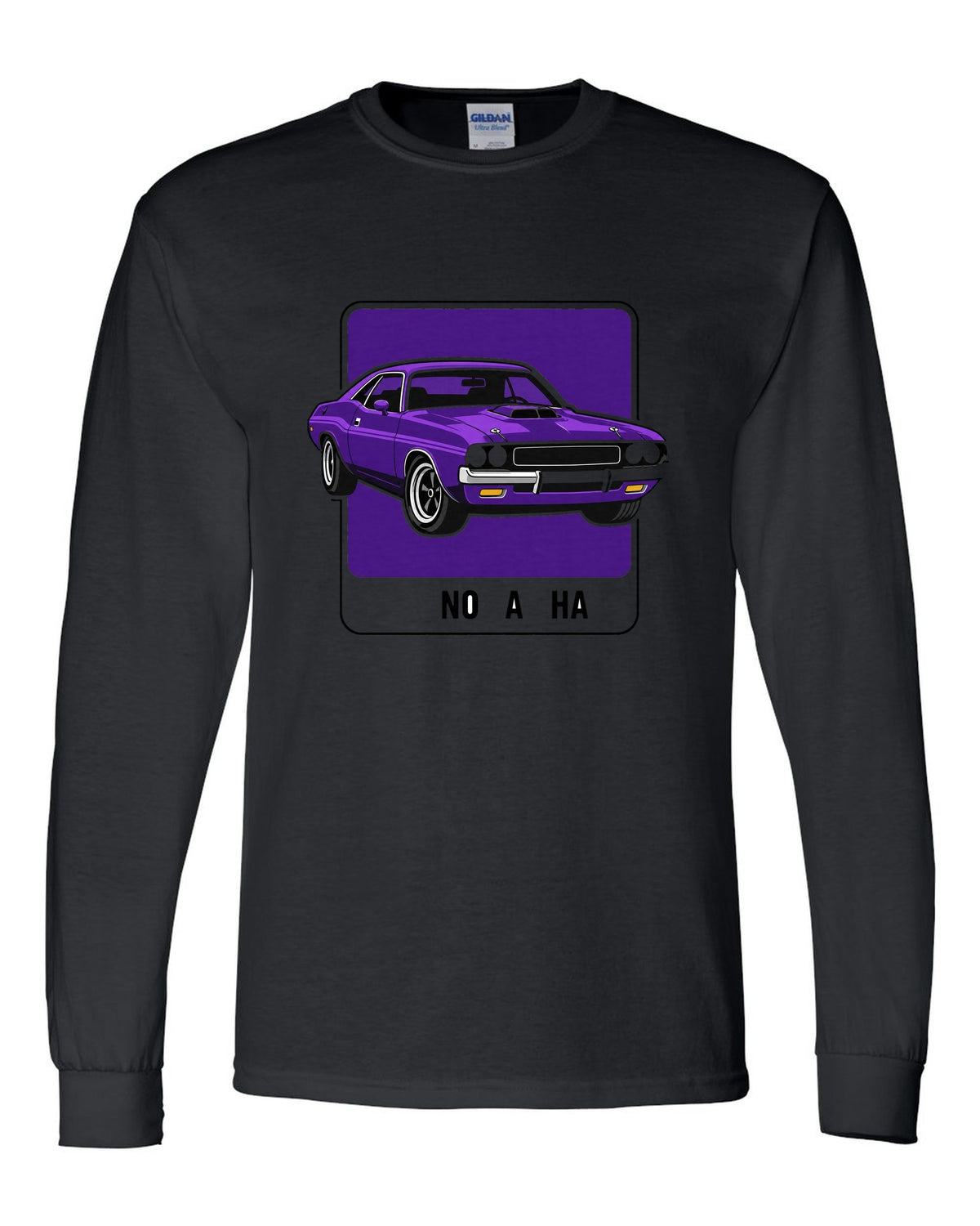 Minimal colour swatch card in Plum Crazy for a 1970 Dodge Challenger R/T with code FC7 black long sleeve front view with the design