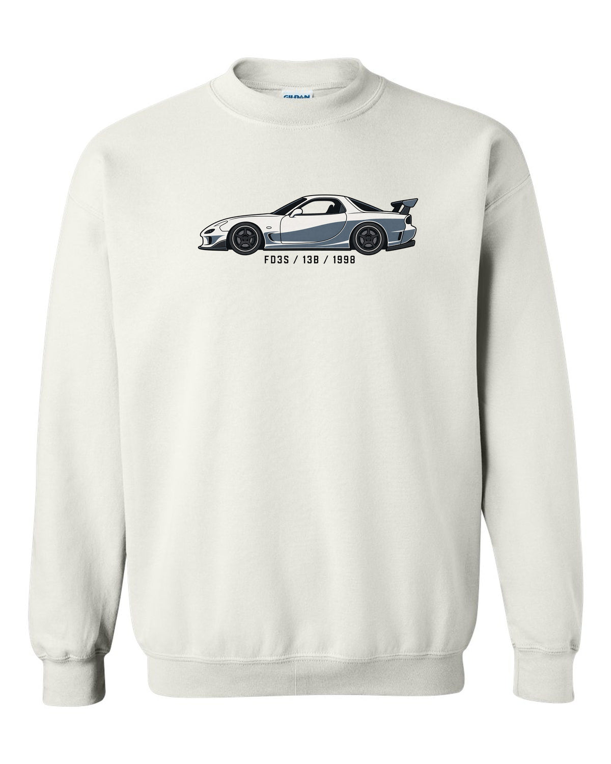 Embroidery-style varsity crest for the Mazda FD3S RX-7 reading TWIN TURBO SEQUENTIAL 1991 white crewneck front view with the design