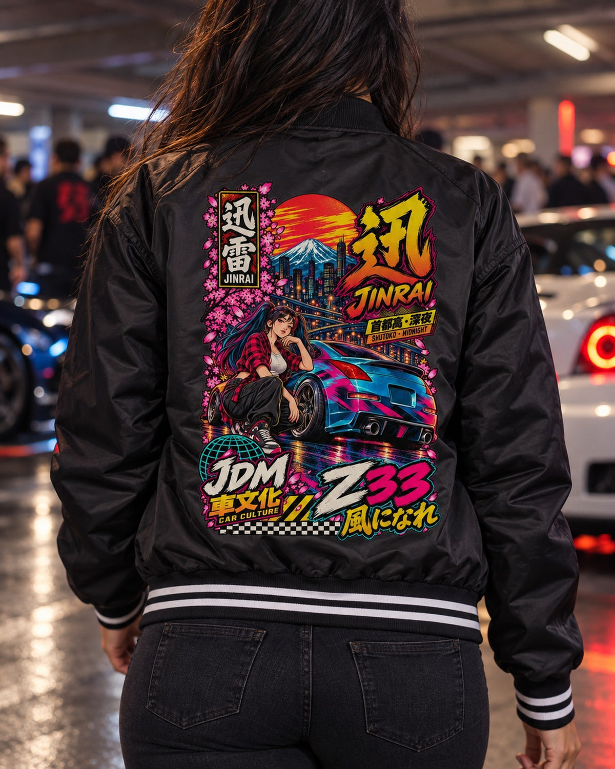 JINRAI Z33 Anime Girl Full-Back Graphic Tee Bomber Jacket Black worn hero