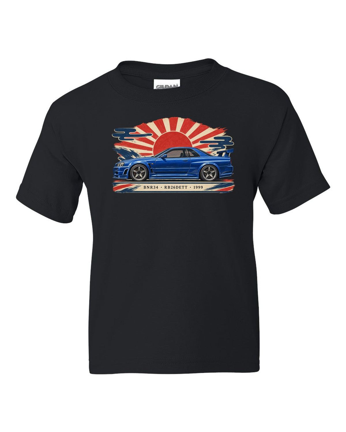 Retro Japanese Showa catalogue ad style print of a 1999 Nissan Skyline GT-R BNR34 with RB26DETT lettering black kids tee front view with the design