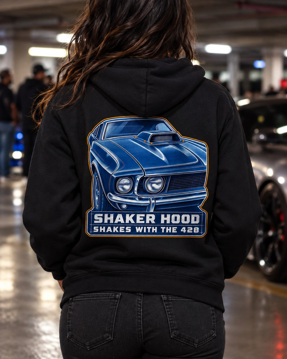 1969 Ford Mustang Fastback Shaker Hood Cyanotype Shirt Zip Hoodie Black worn hero