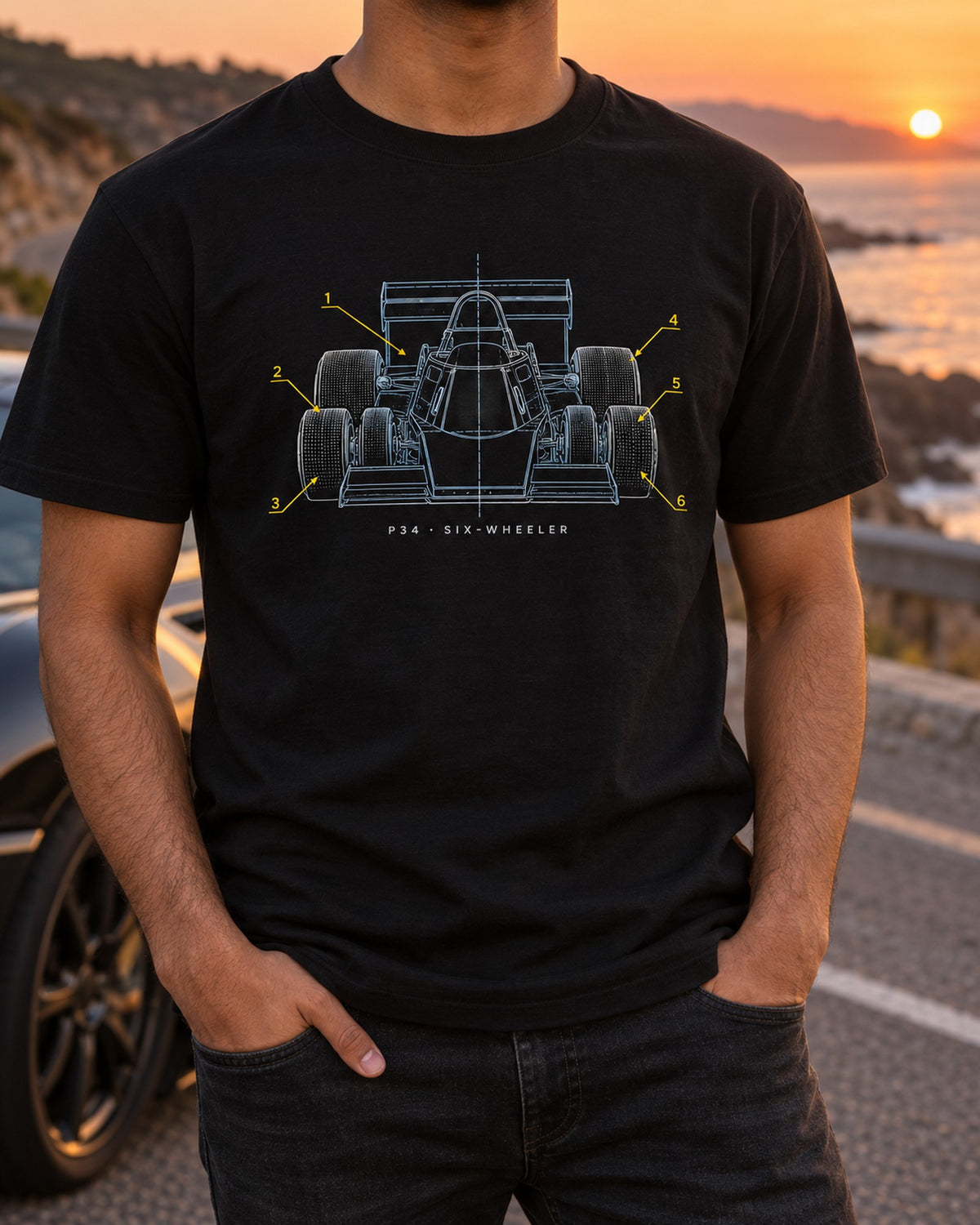 Tyrrell P34 Six-Wheeler Four Wheel Patent Drawing Shirt T-Shirt Black worn hero