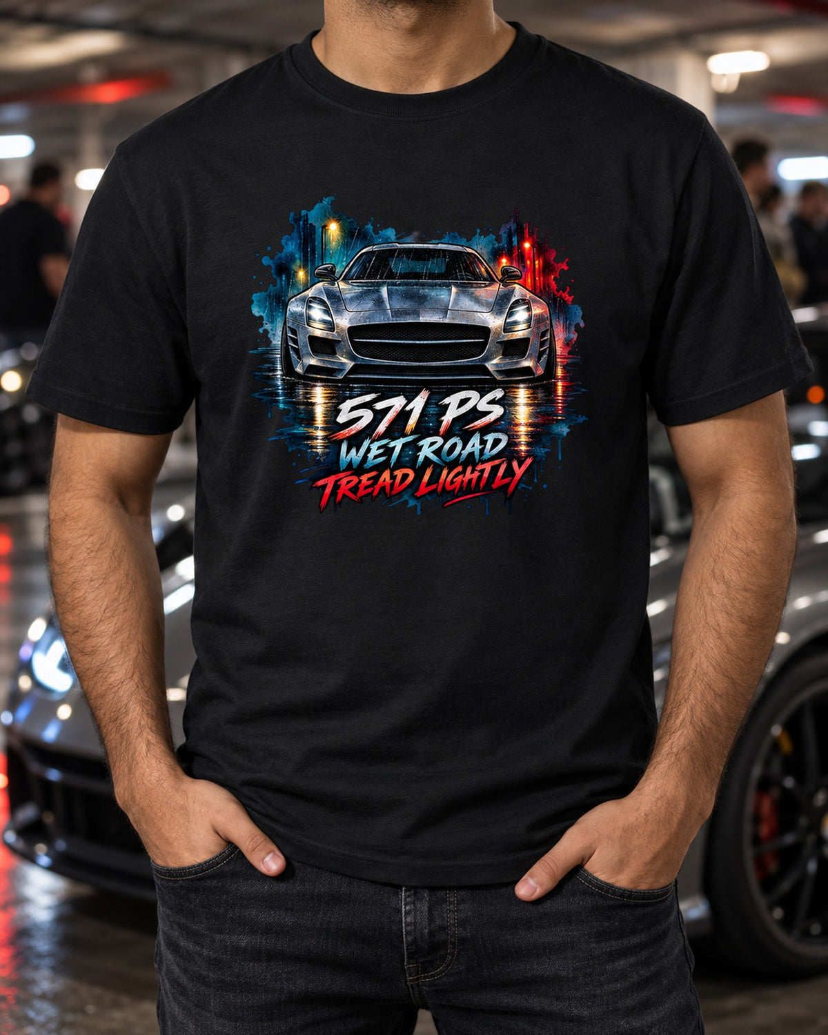 Wet Road Watercolour Mercedes SLS AMG C197 Tee, Car Shirt T-Shirt Black worn hero