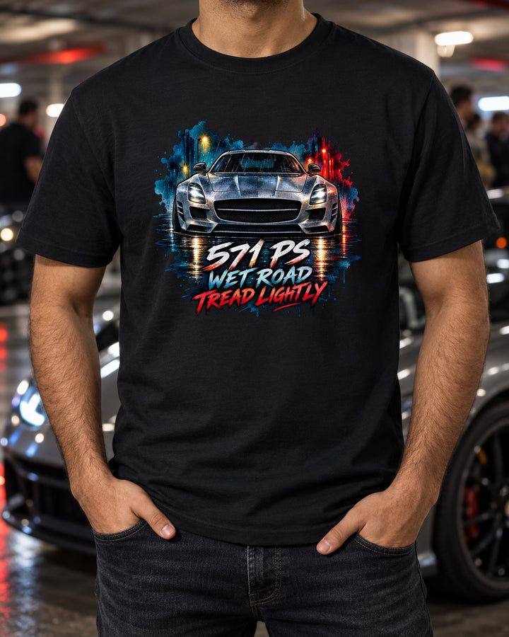 Wet Road Watercolour Mercedes SLS AMG C197 Tee, Car Shirt T-Shirt Black worn hero