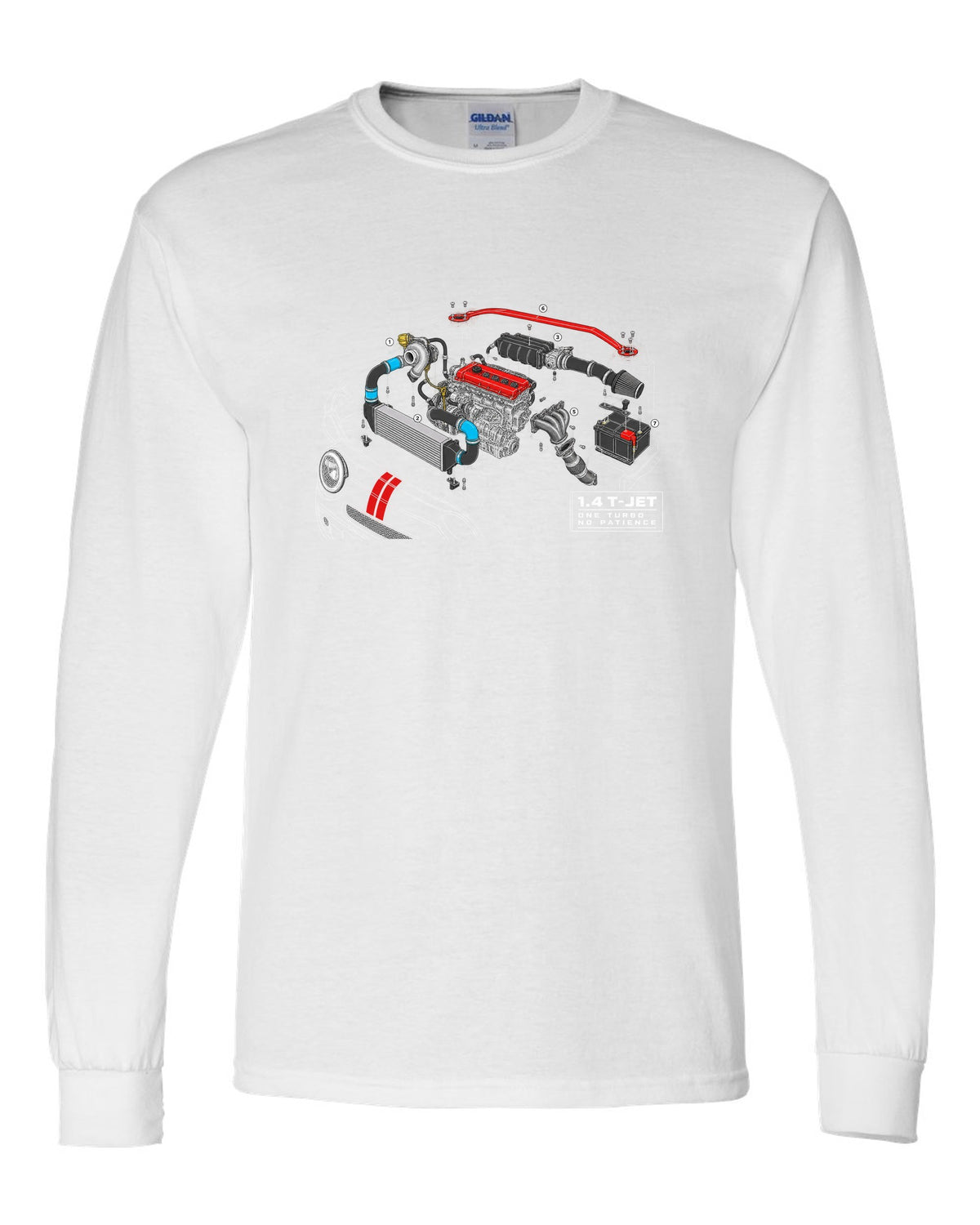 Exploded cutaway engine blueprint of the Abarth 695 1.4 T-Jet white long sleeve front view with the design