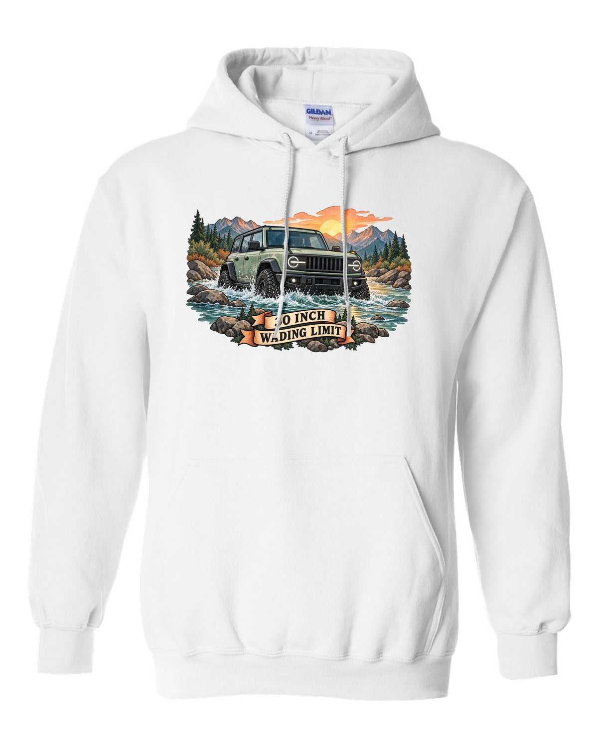 Jeep Wrangler JLU watercolour river crossing at sunrise with 30 inch wading limit text white pull over hoodie front view with the design