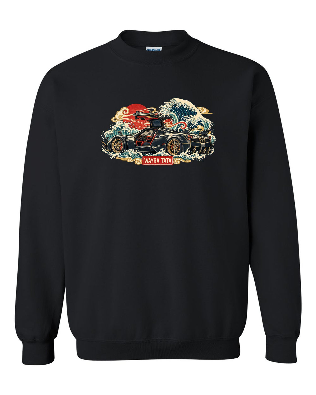 Ukiyo-e woodblock style print of a Pagani Huayra with Wayra Tata lettering black crewneck front view with the design