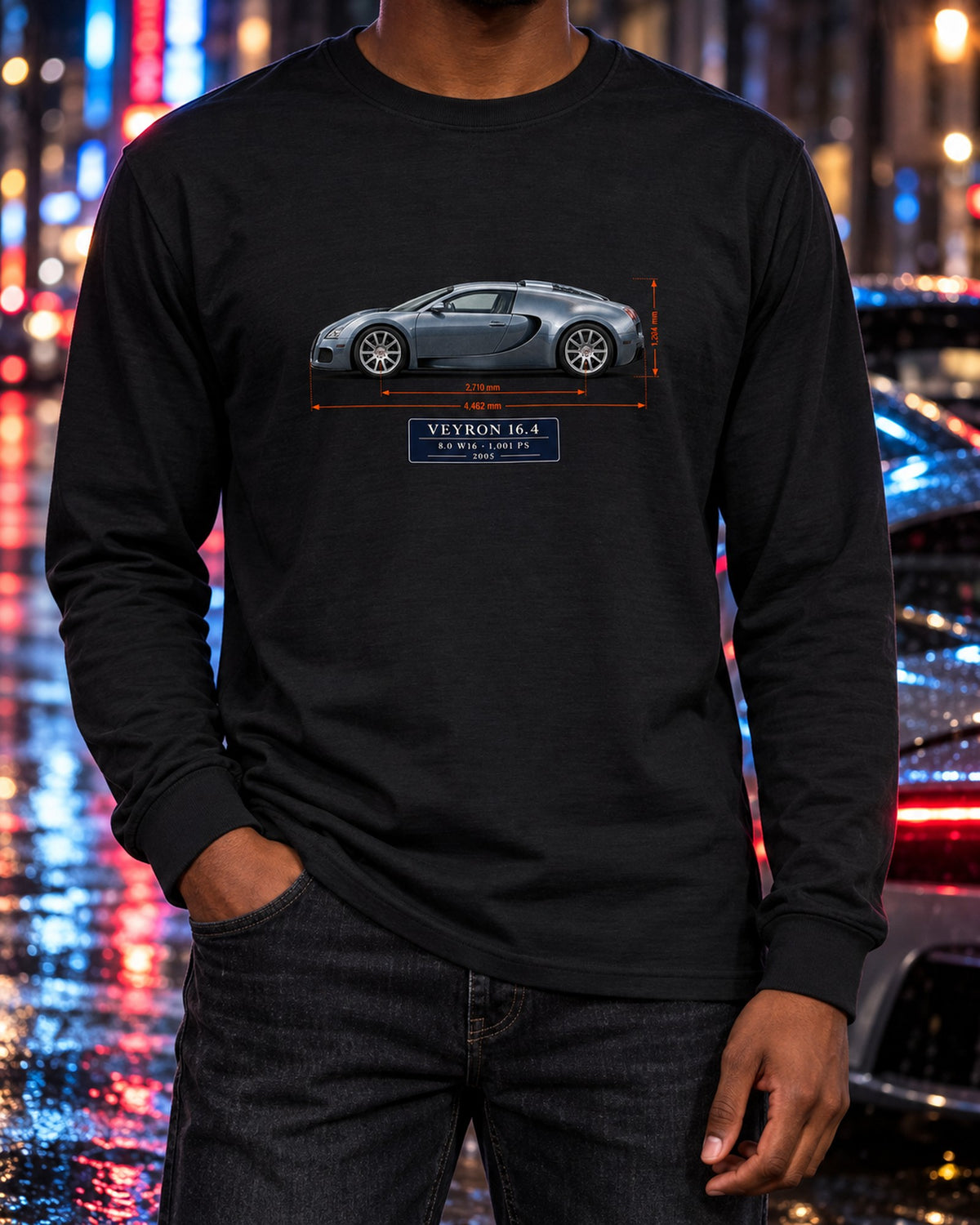 Bugatti Veyron 16.4 Dimension Blueprint Shirt, 8.0 W16 Tee Long Sleeve Black worn hero
