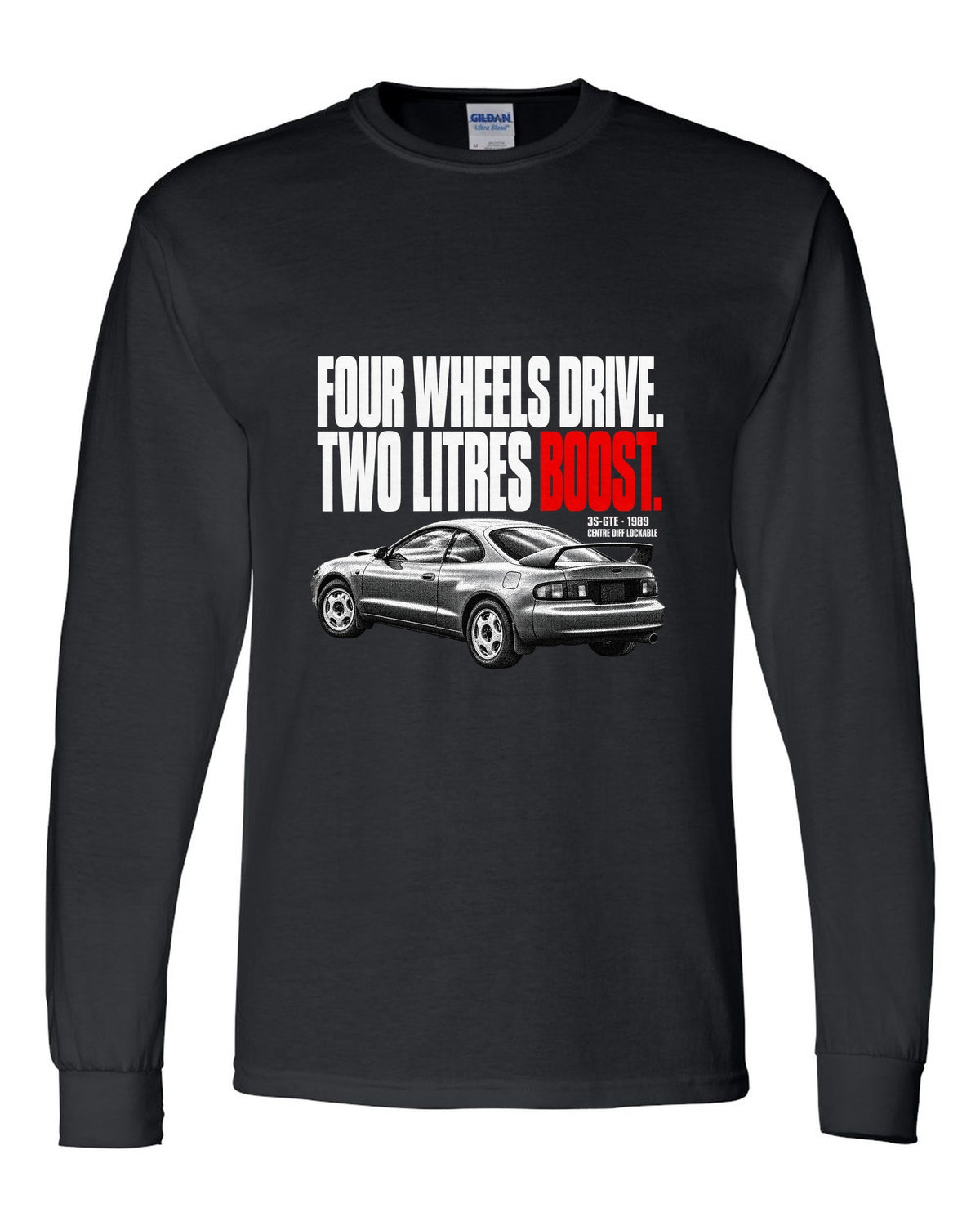 Halftone print of a Toyota Celica GT-Four ST185 with 3S-GTE and centre diff text black long sleeve front view with the design