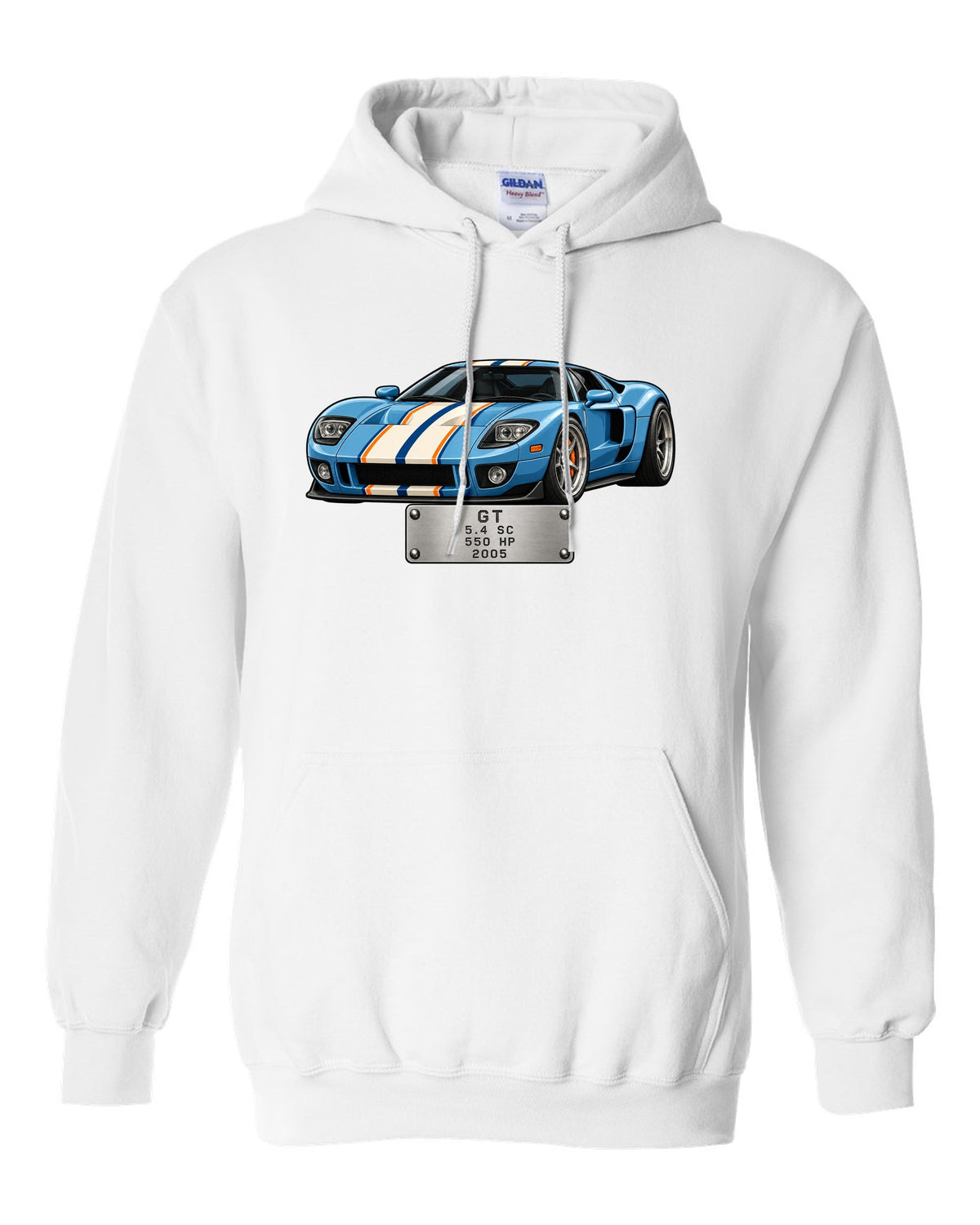Spec-sheet data plate print for the 2005 Ford GT showing 5.4 SC, 550 HP white pull over hoodie front view with the design