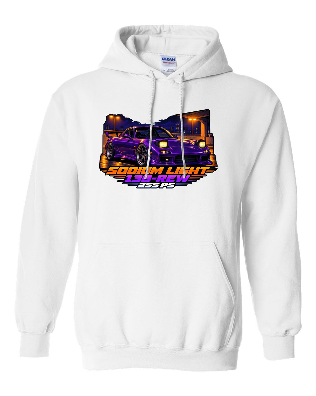 Cel-shaded 90s anime night print of a Mazda RX-7 FD3S with text Sodium Light, 13B-REW, 255 PS white pull over hoodie front view with the design