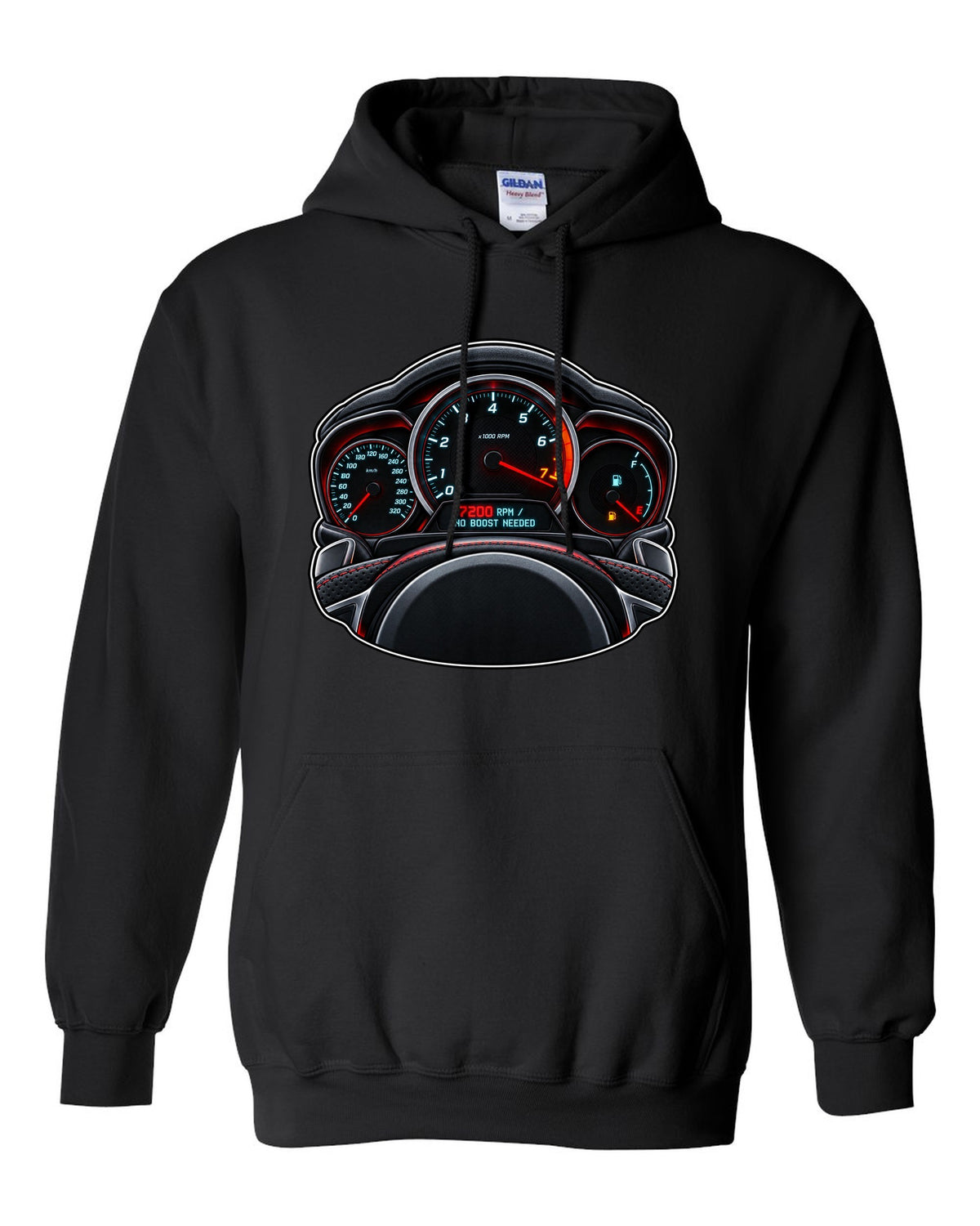 Gauge-cluster HUD print for a Mercedes C63 AMG W204 with 7200 RPM black pull over hoodie front view with the design