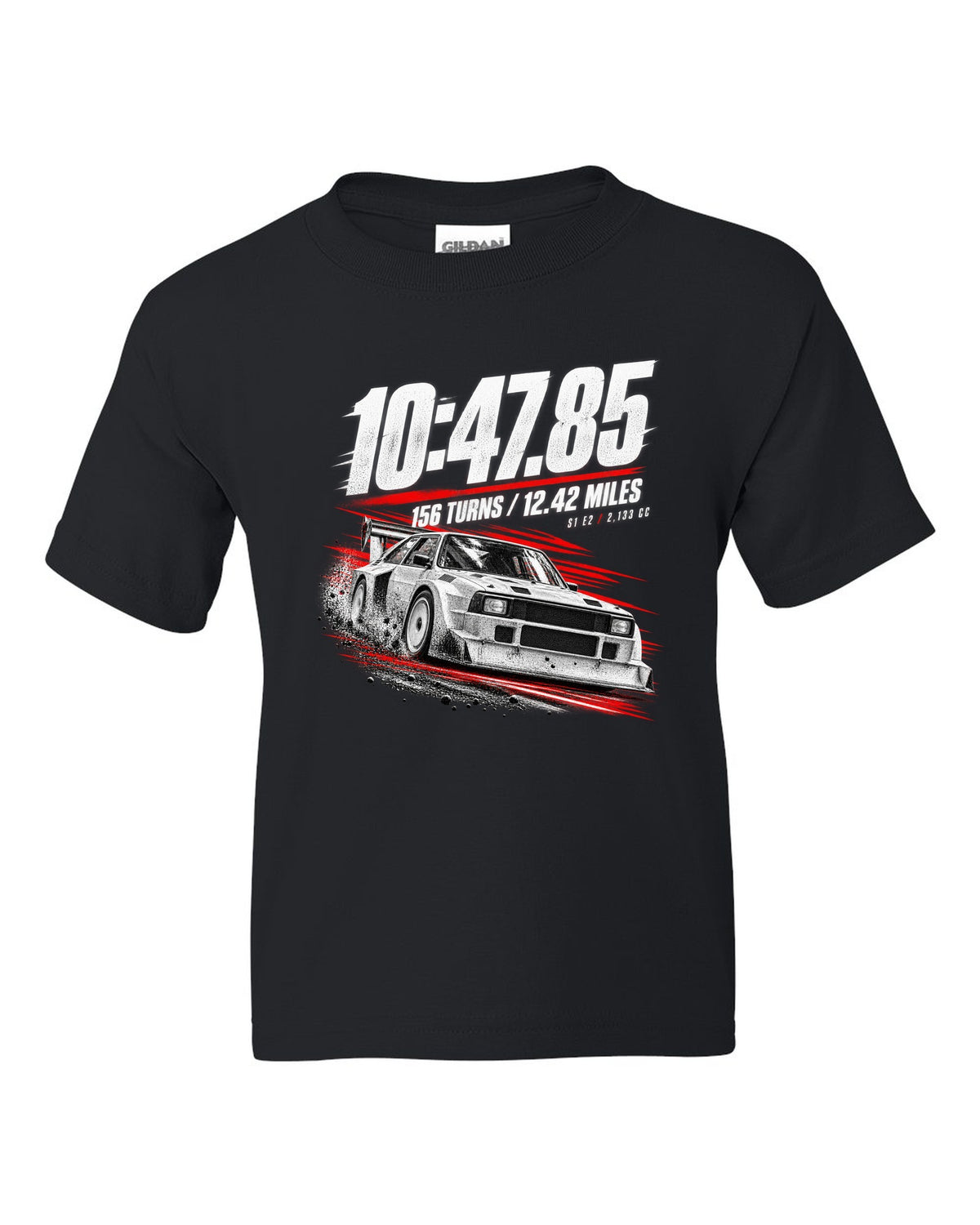 Race poster print of an Audi Sport Quattro S1 E2 with hill climb numbers black kids tee front view with the design