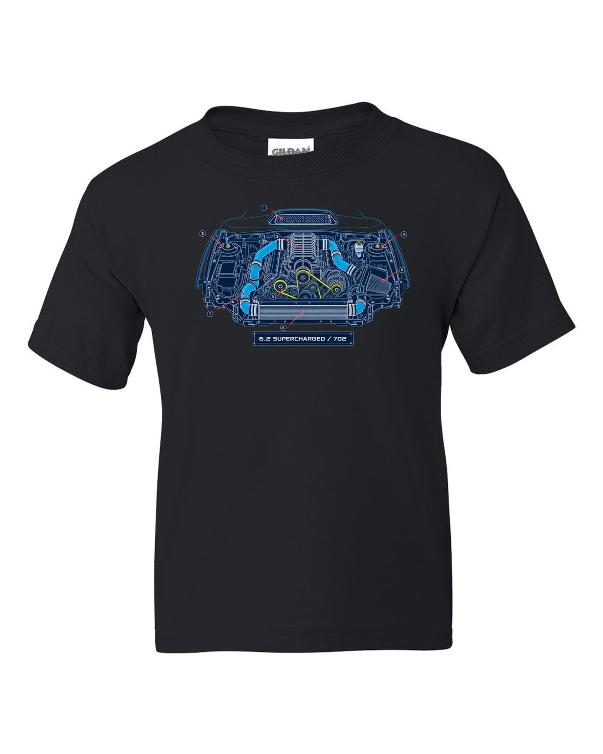 Blueprint-style print of the Ram 1500 TRX engine bay with 6.2 supercharged and 702 callouts black kids tee front view with the design