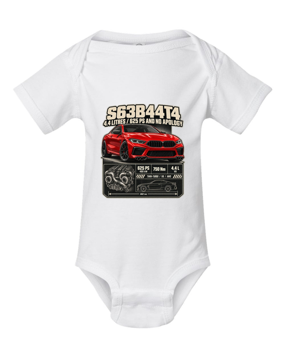 BMW M8 Competition Coupe F92 spec poster print on a tee white baby onesie front view with the design