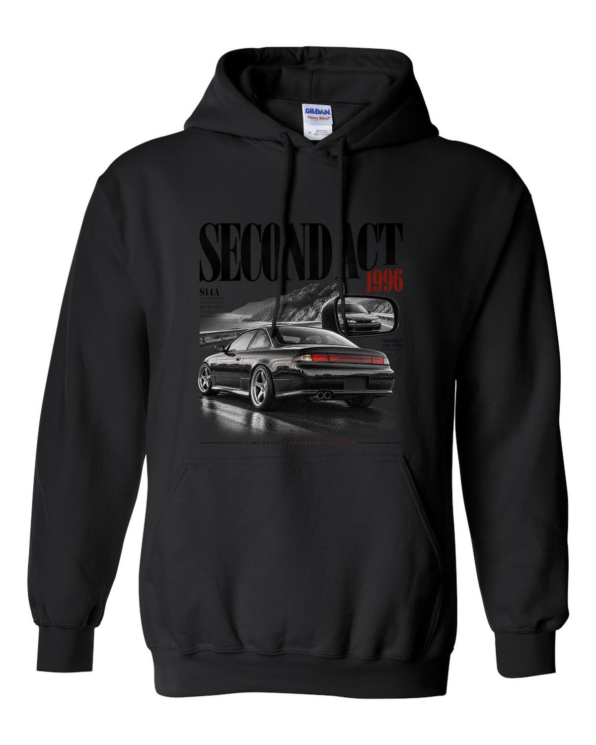 Editorial headline layout of a Nissan Silvia S14 kouki with Second Act, 1996 and projector headlights lettering black pull over hoodie front view with the design