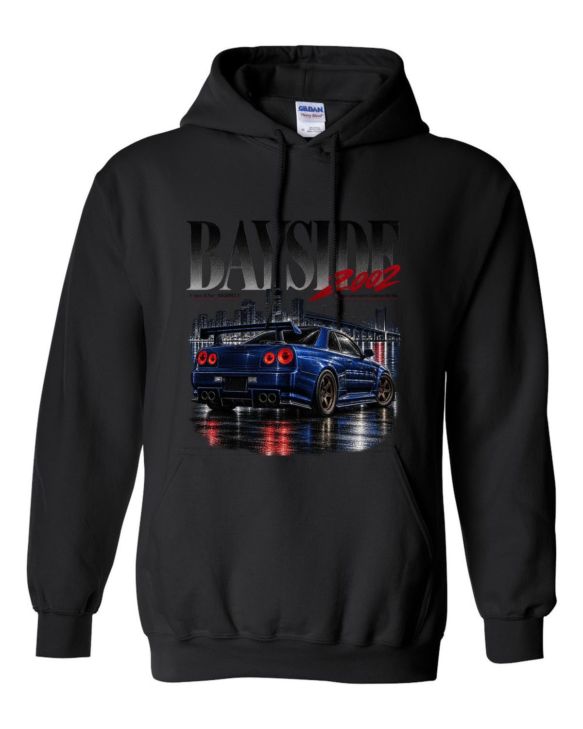 Editorial print of a Nissan Skyline GT-R R34 V-Spec II Nur rear with RB26DETT text black pull over hoodie front view with the design