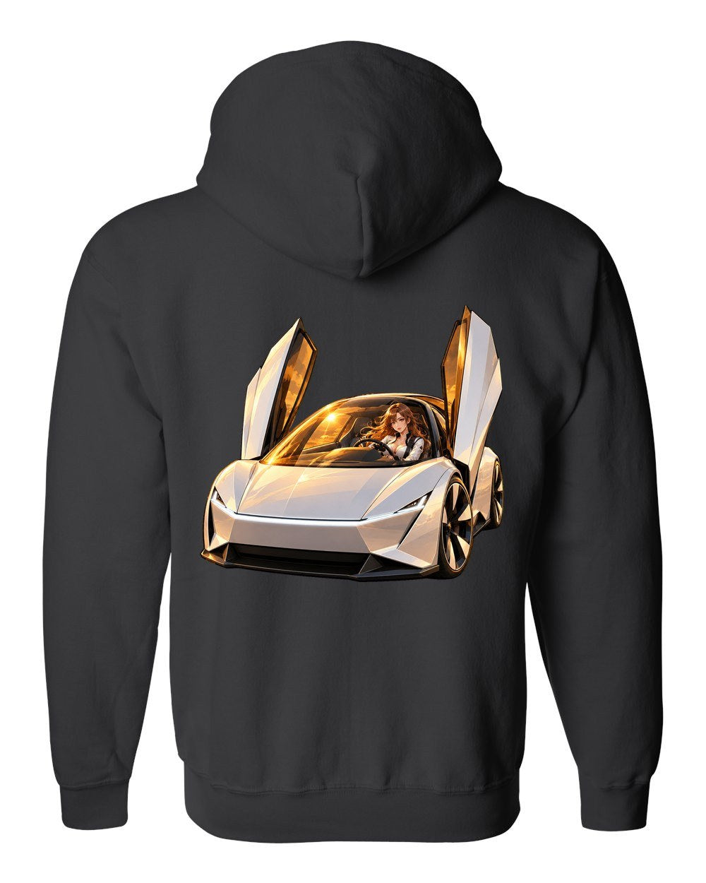Tesla Roadster Golden Hour Anime Girl Zip Hoodie Black back