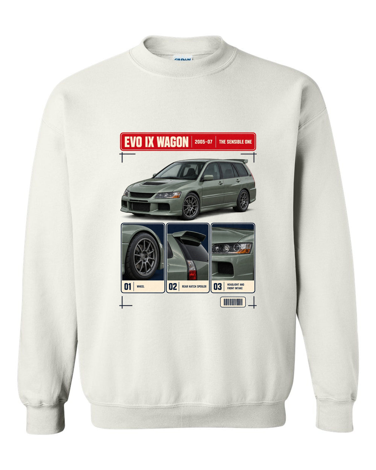 Mitsubishi Lancer Evolution IX Wagon GT three-quarter dossier panel print white crewneck front view with the design