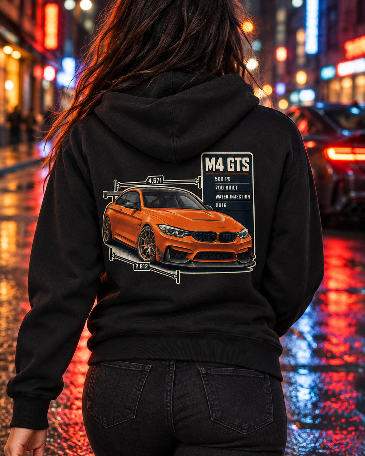 BMW M4 GTS F82 Spec Poster Shirt, 700 Built Zip Hoodie Black worn hero