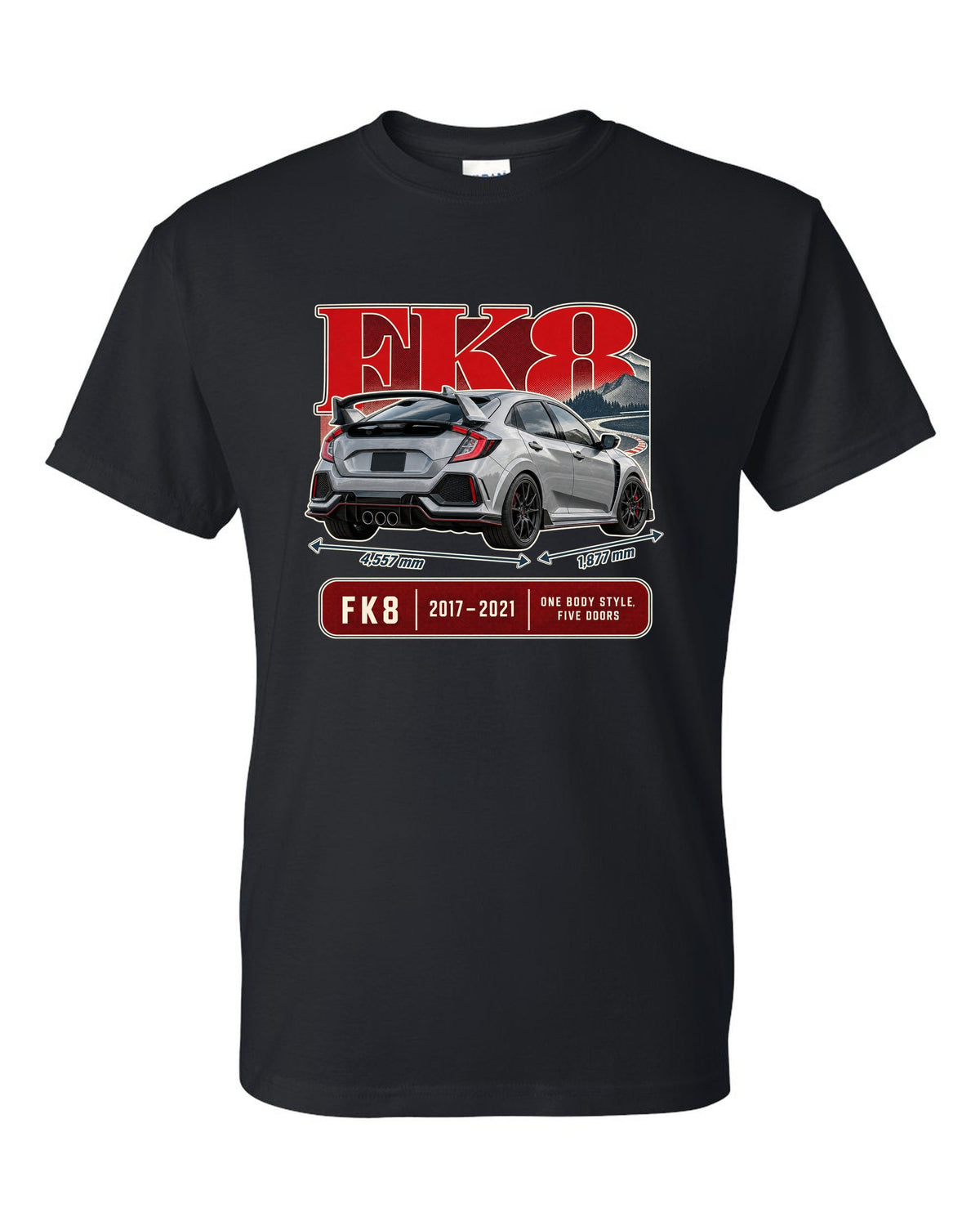 print archive panel of a silver-grey Honda Civic Type R FK8 black t-shirt front view with the design