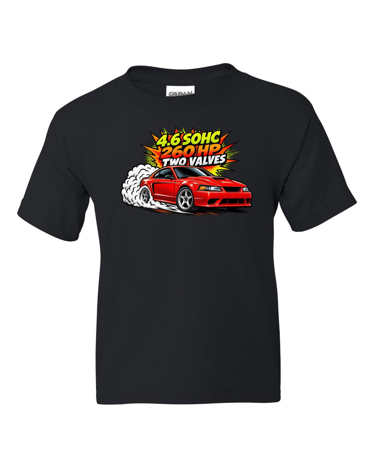Comic halftone pop-art print of a 1999-2004 Ford Mustang SN95 New Edge burnout black kids tee front view with the design