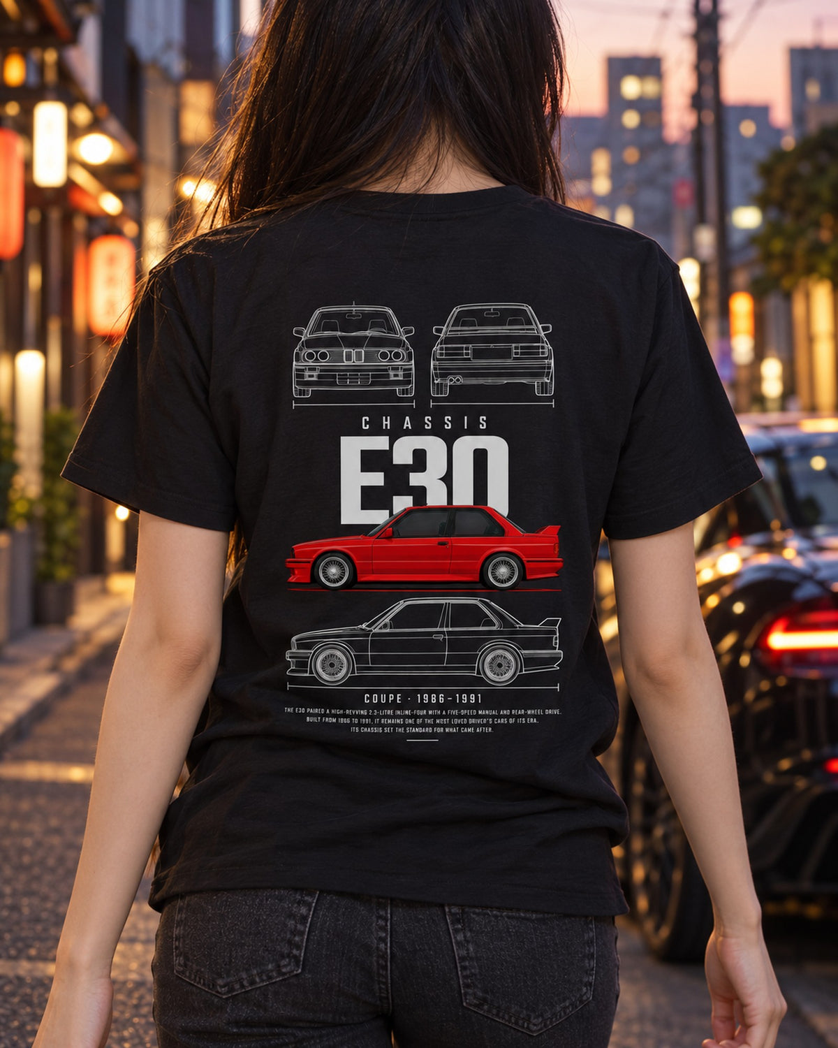BMW E30 M3 coupe Blueprint Full-Back Graphic Tee, E30 Chassis Code T-Shirt Black worn hero