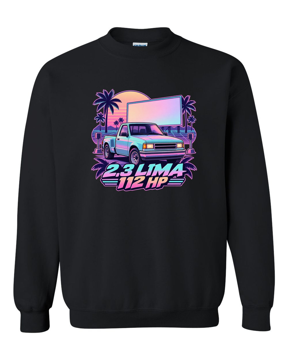 Ford Ranger 1995 stepside at a drive-in in a vaporwave pastel print black crewneck front view with the design