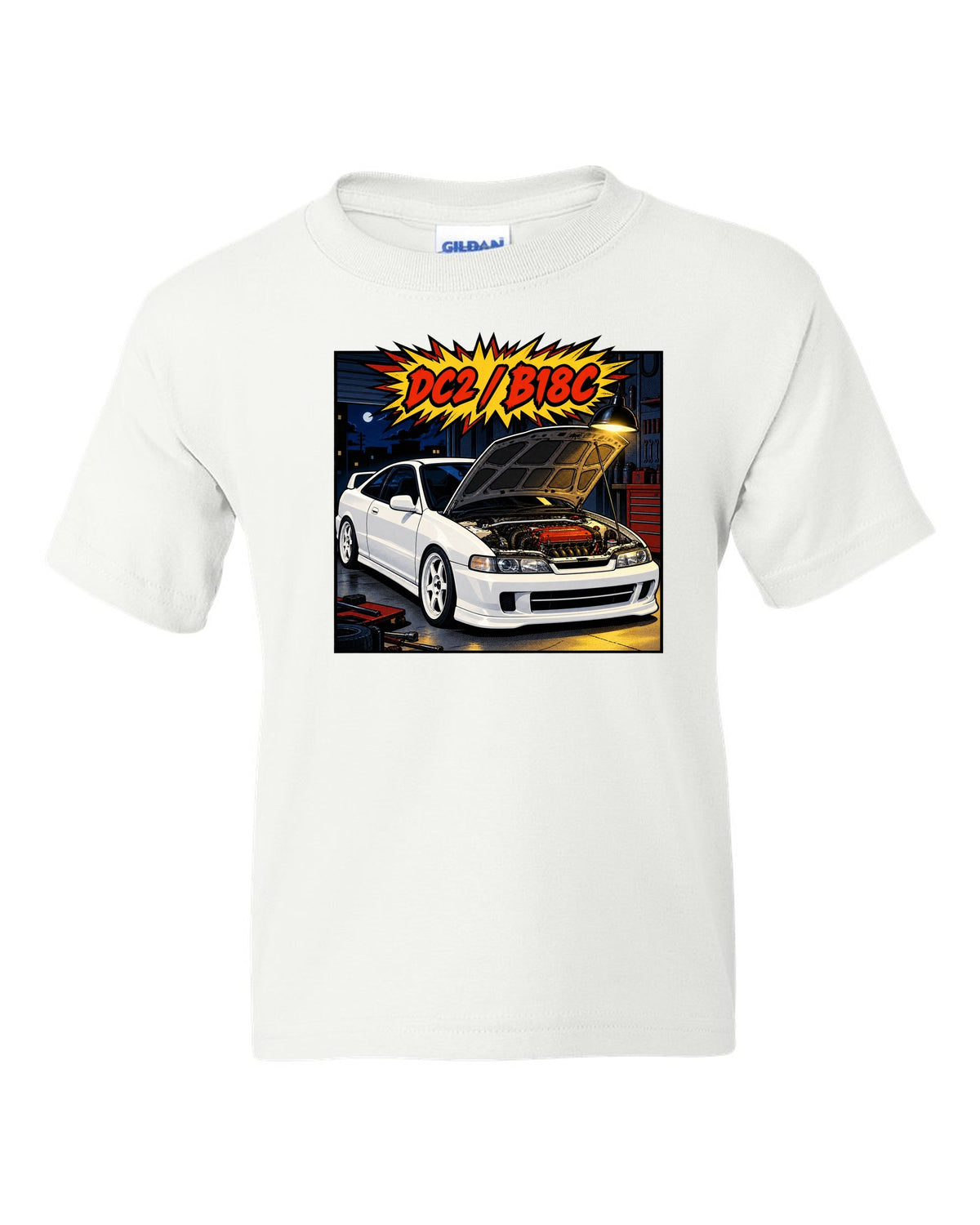 Comic book panel action burst print of a Honda Integra Type R DC2 with bonnet up and B18C text white kids tee front view with the design