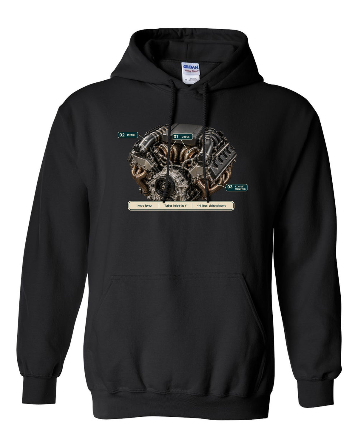 Engine hero print of the Mercedes-AMG M177 4.0 V8 from the G63 black pull over hoodie front view with the design