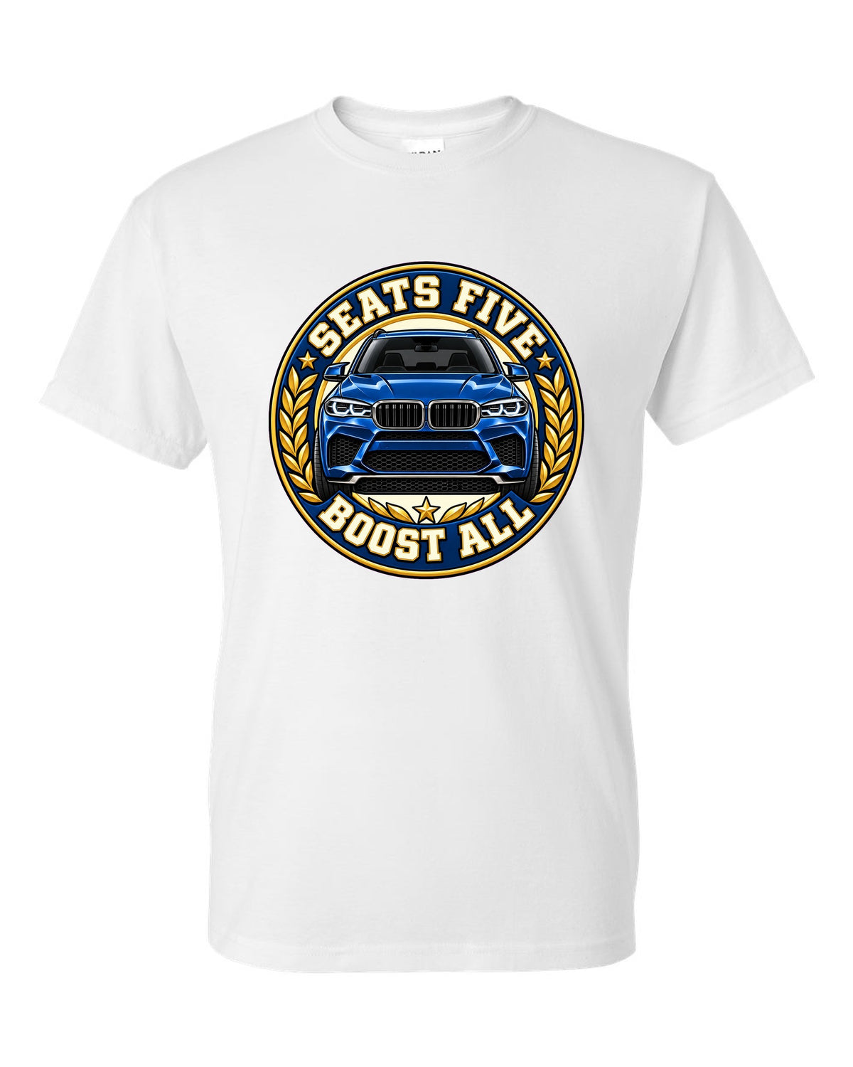 Embroidery-style varsity crest print for the BMW X5 M F85 white t-shirt front view with the design