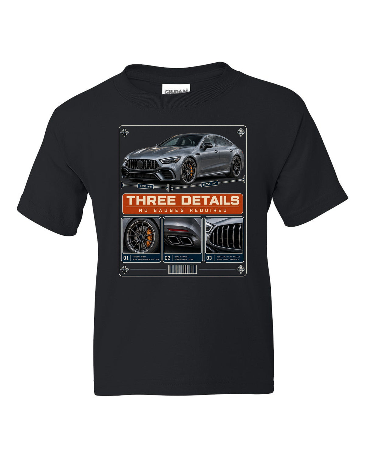 Mercedes-AMG GT 63 S 4-Door X290 dossier panel design in slate and orange black kids tee front view with the design
