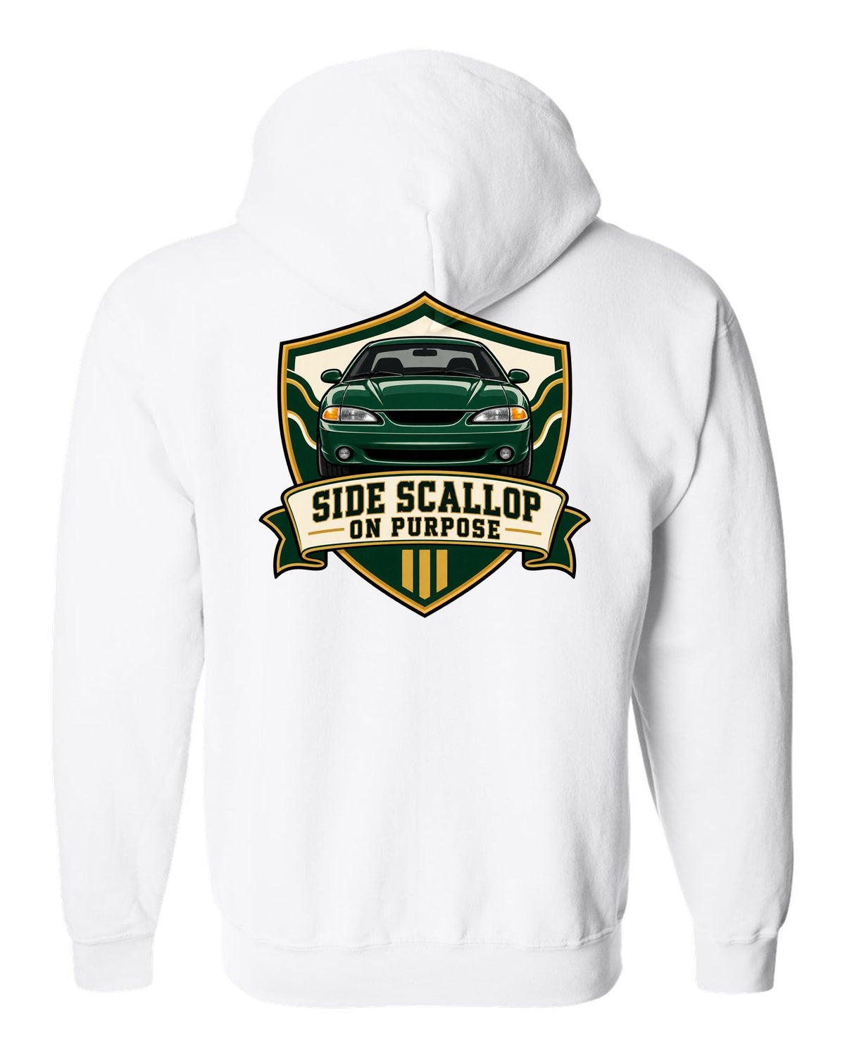 SN95 Mustang 1994-98 Varsity Crest white zip hoodie back view with the design